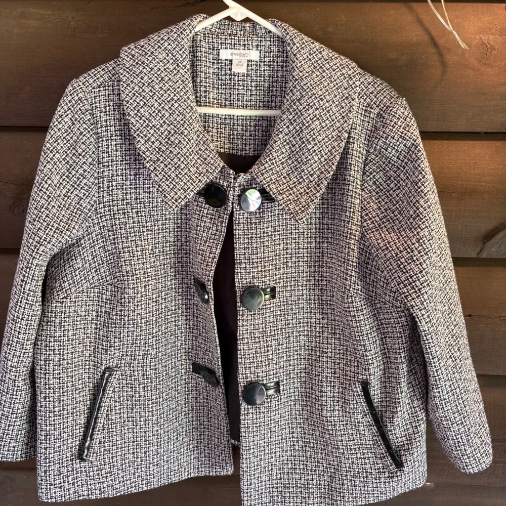 Dressbarn Woman 2X Black White Tweed Jacket Toggle Button Faux Leather Trim Coat